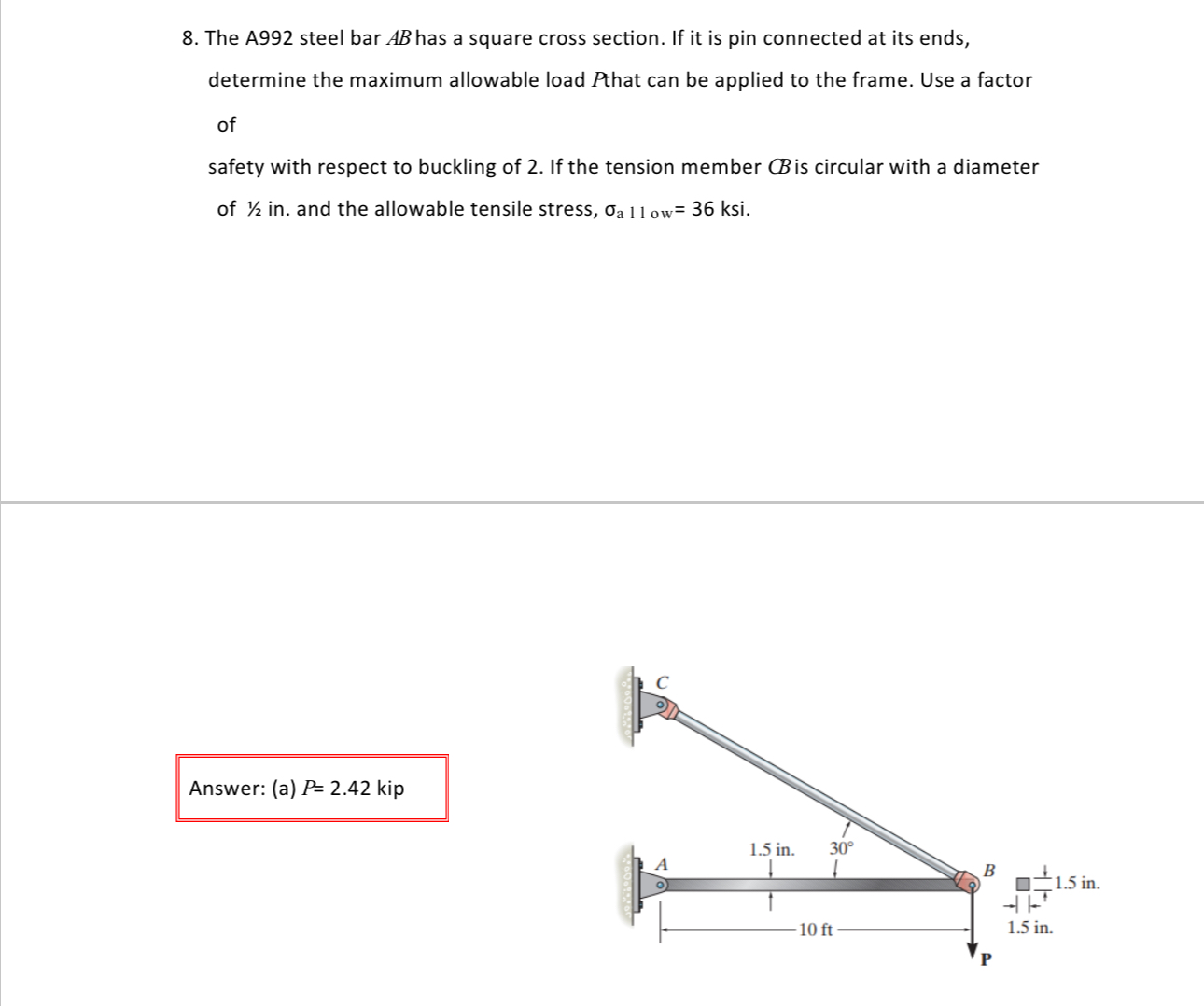 The A 9 9 2 steel bar A B has a square cross