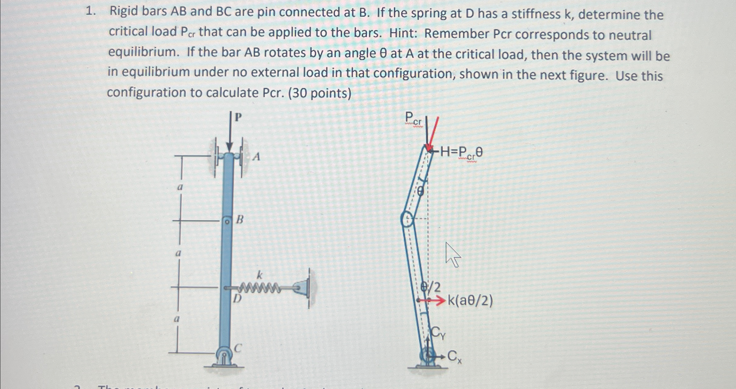 Rigid bars A B and B C are pin connected at B .