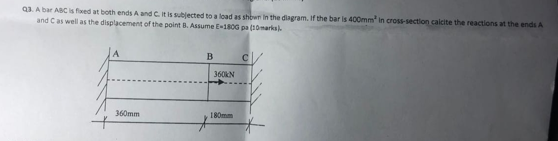 Q 3 . A bar ABC is fixed at both ends A and C .