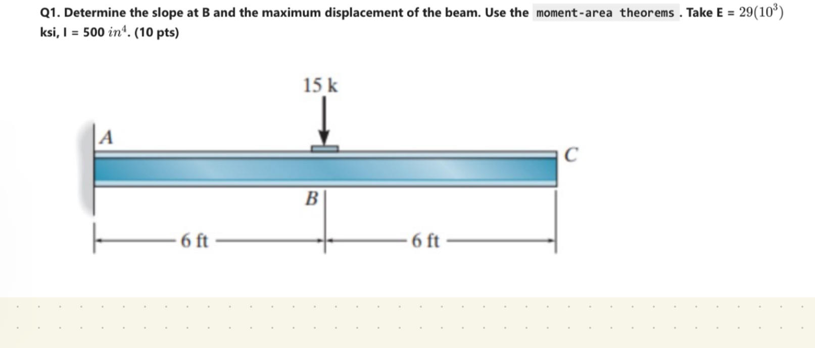 Q 1 . Determine the slope at B and the maximum