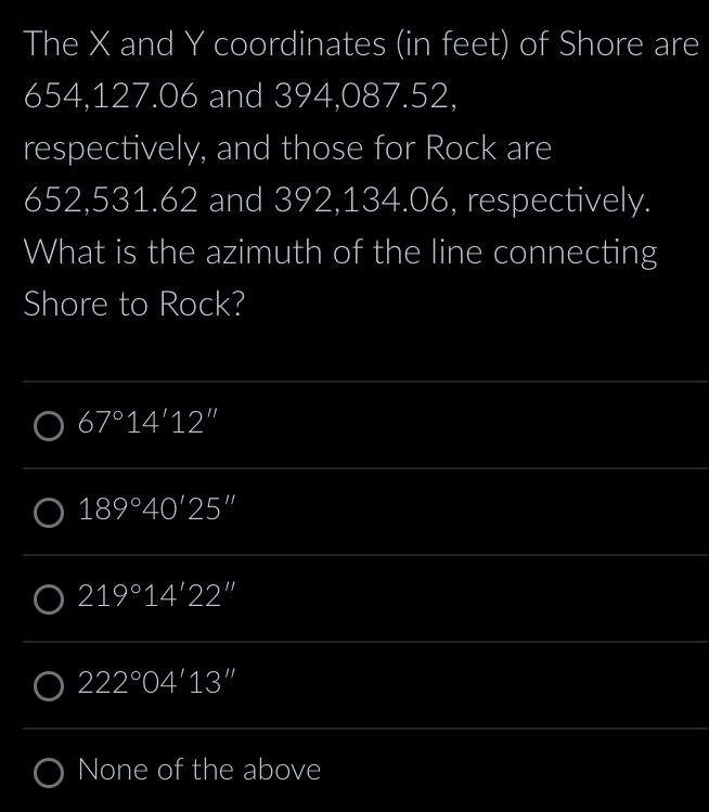 The x and Y coordinates ( in feet ) of Shore are