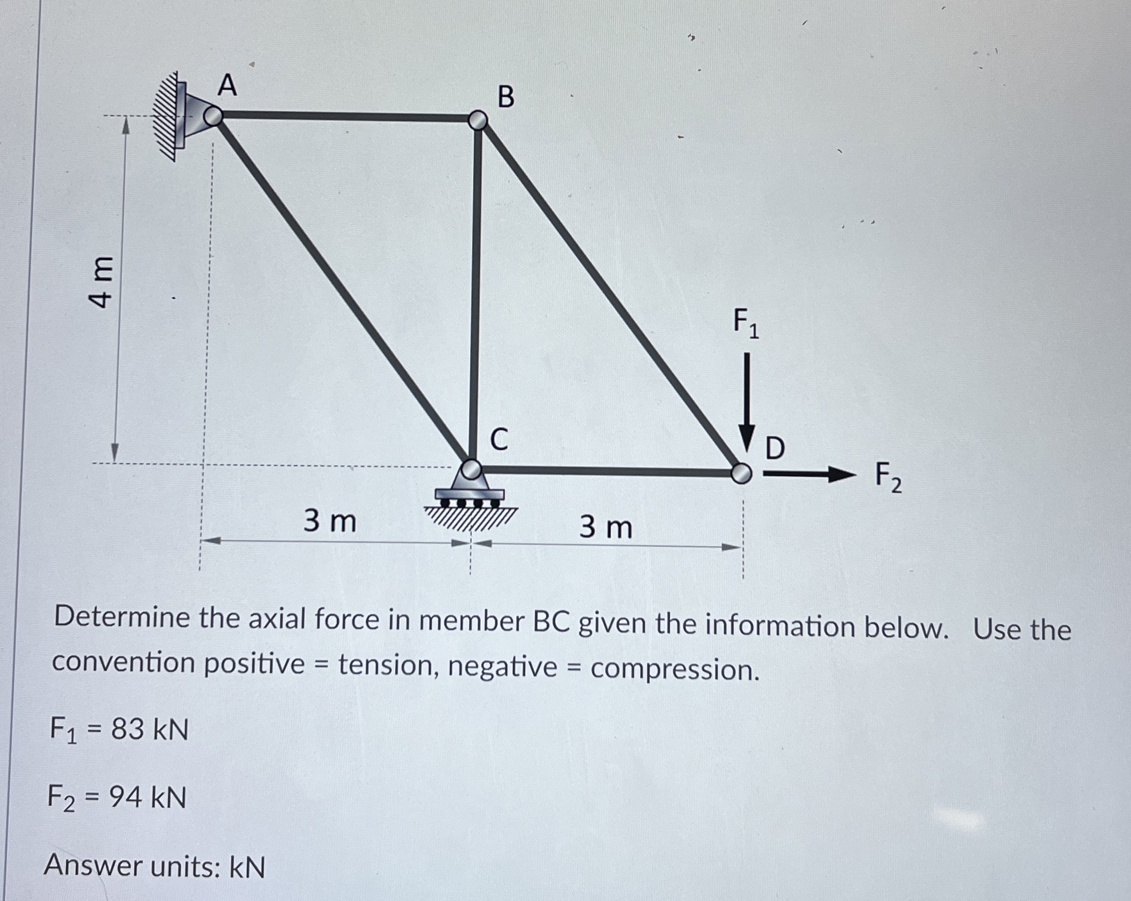 Determine the axial force in member BC given the