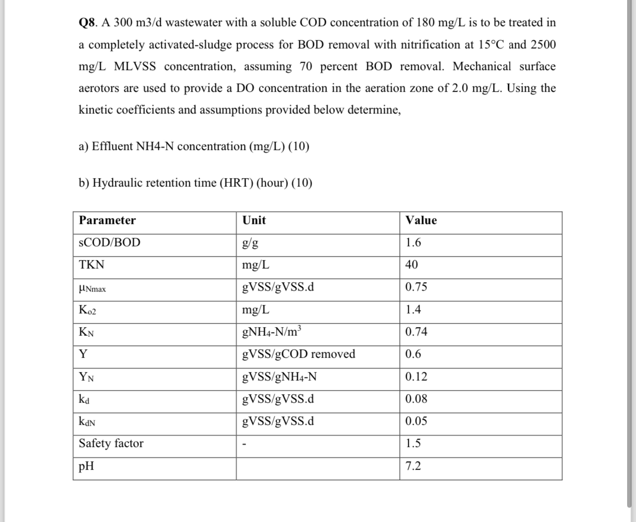 Q 8 . A 3 0 0 m 3 d wastewater with a soluble COD