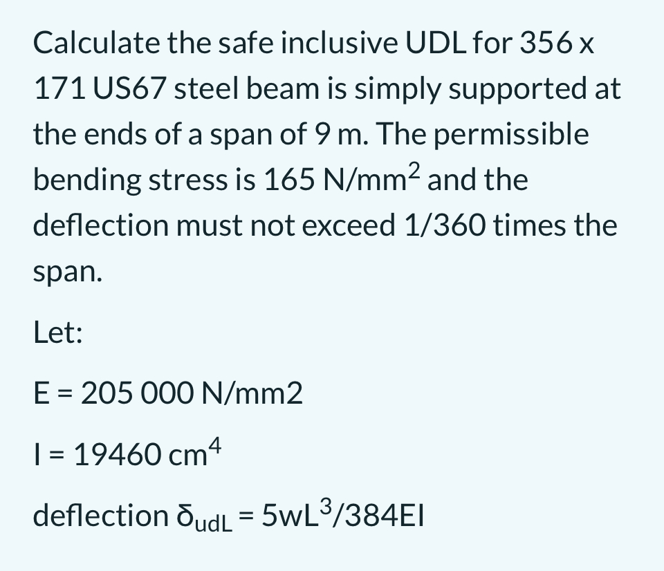 Calculate the safe inclusive UDL for 3 5 6 x 1 7
