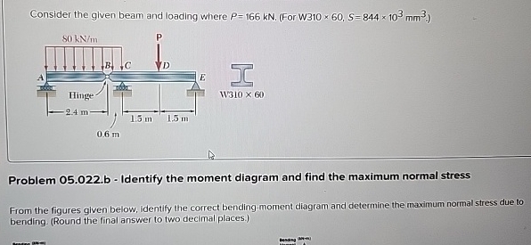 Consider the given beam and loading where P = 1 6