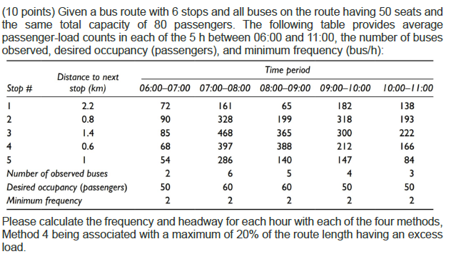 ( 1 0 points ) Given a bus route with 6 stops and