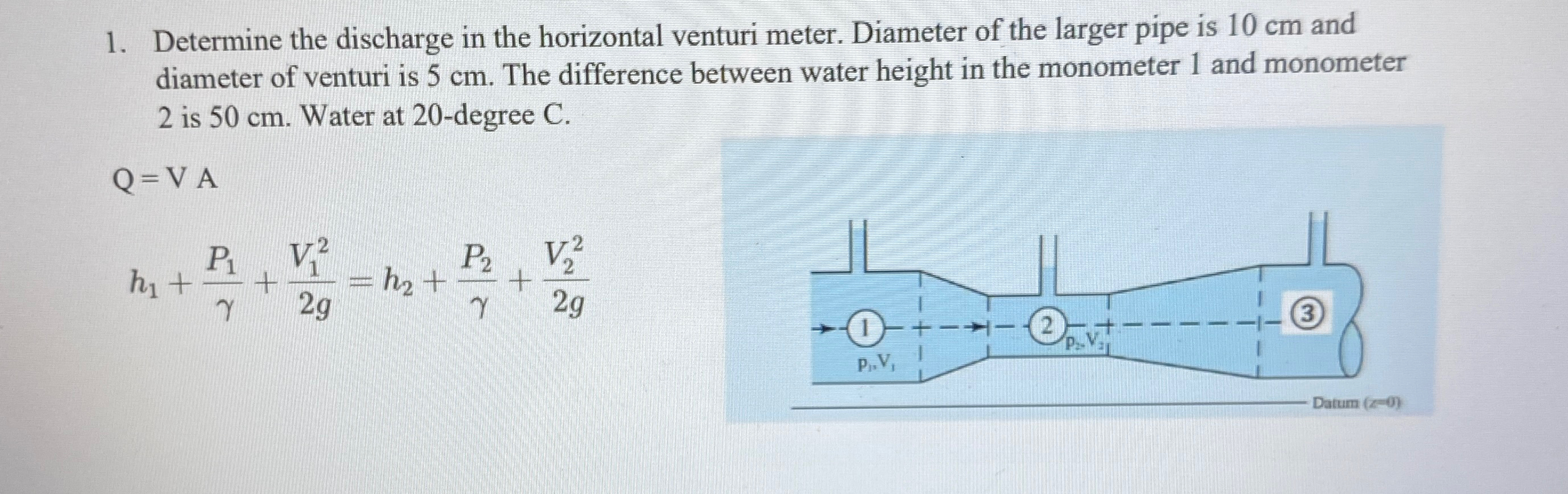Determine the discharge in the horizontal venturi