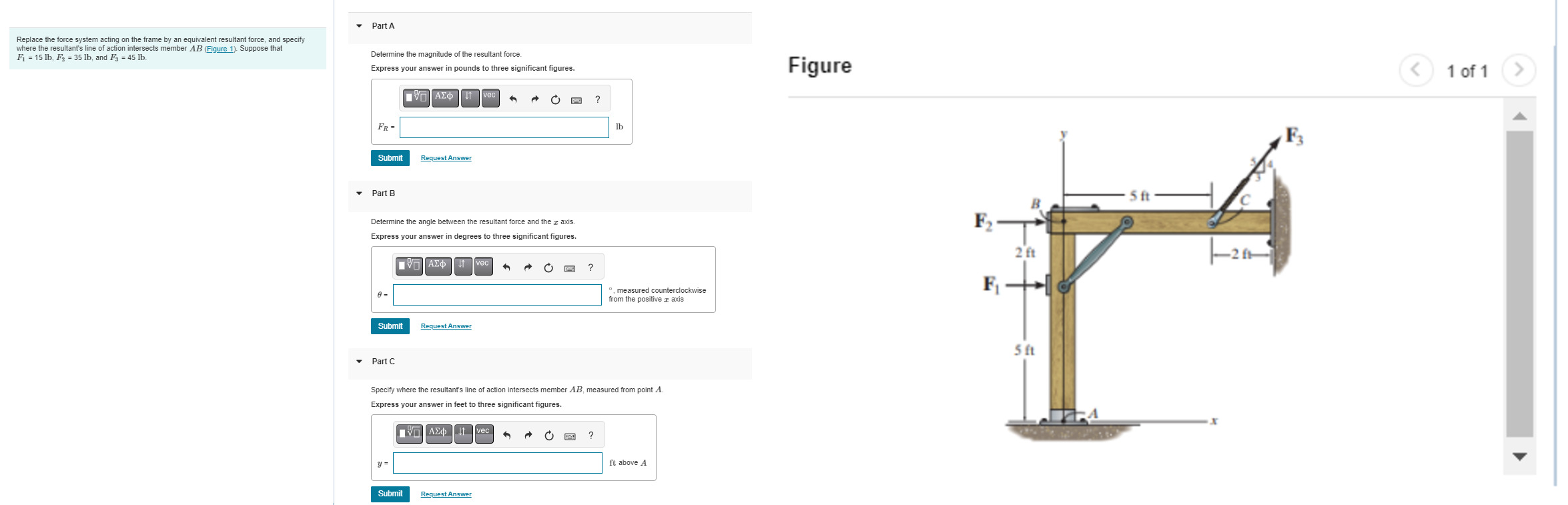 Replace the force system acting on the frame by