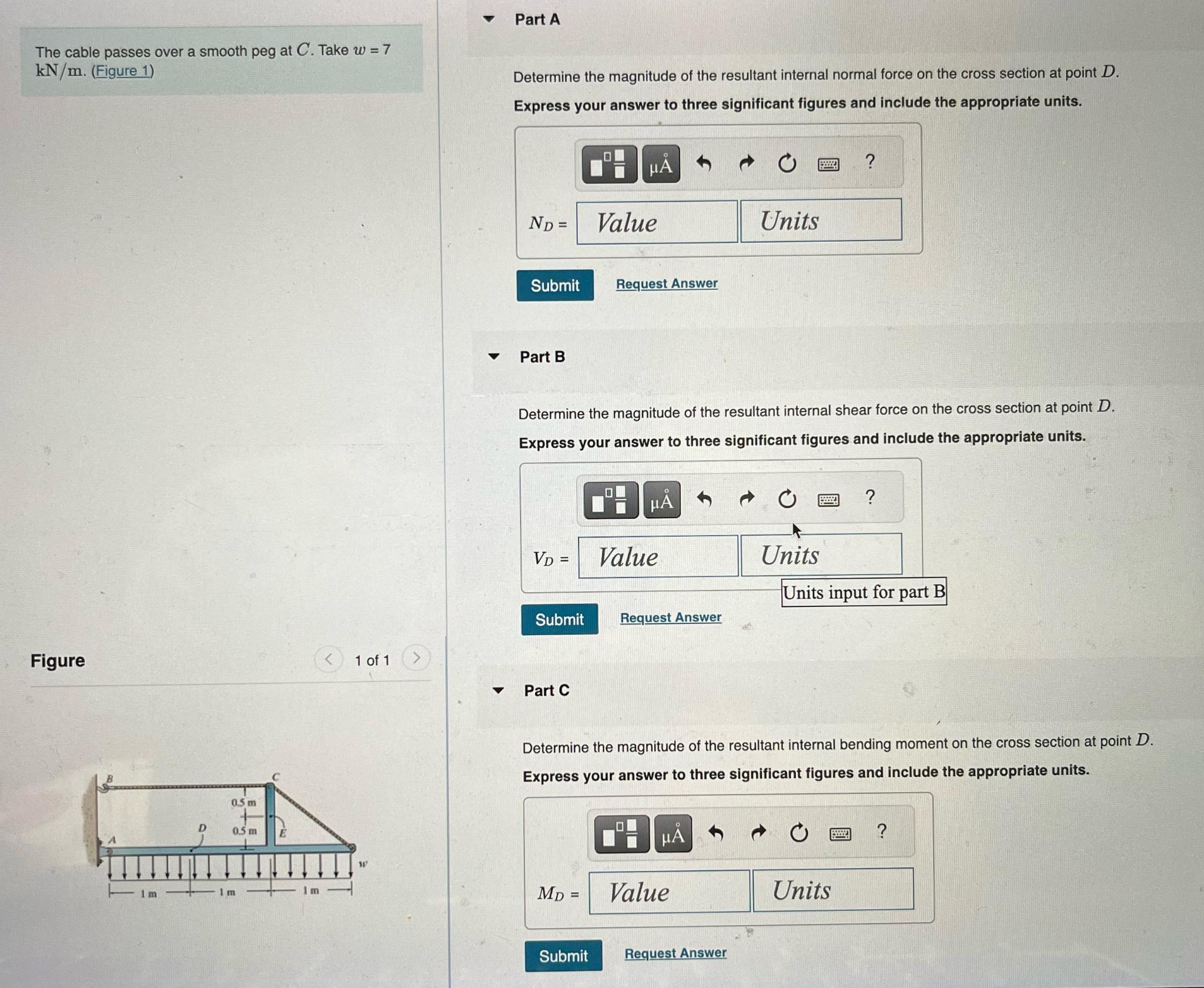 Part A The cable passes over a smooth peg at C .