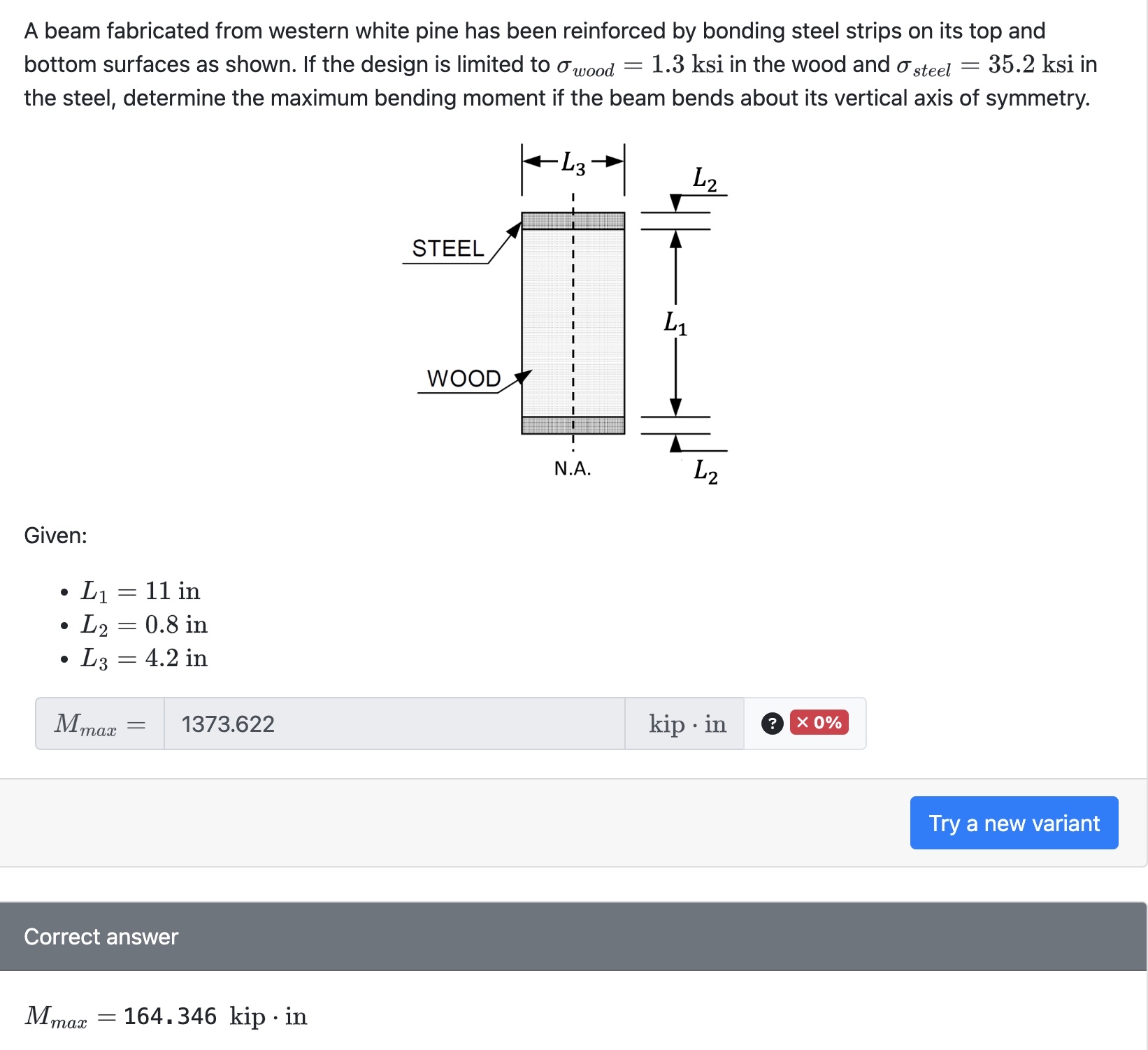 A beam fabricated from western white pine has
