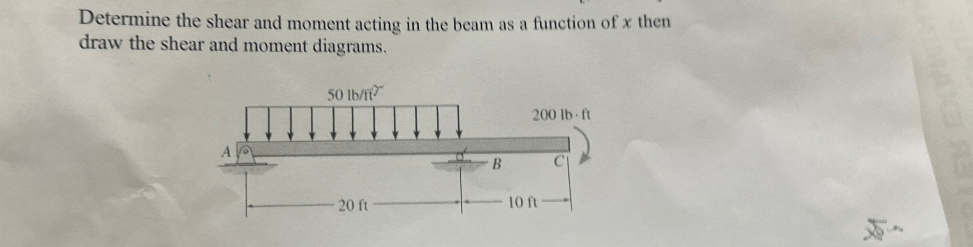 Determine the shear and moment acting in the beam
