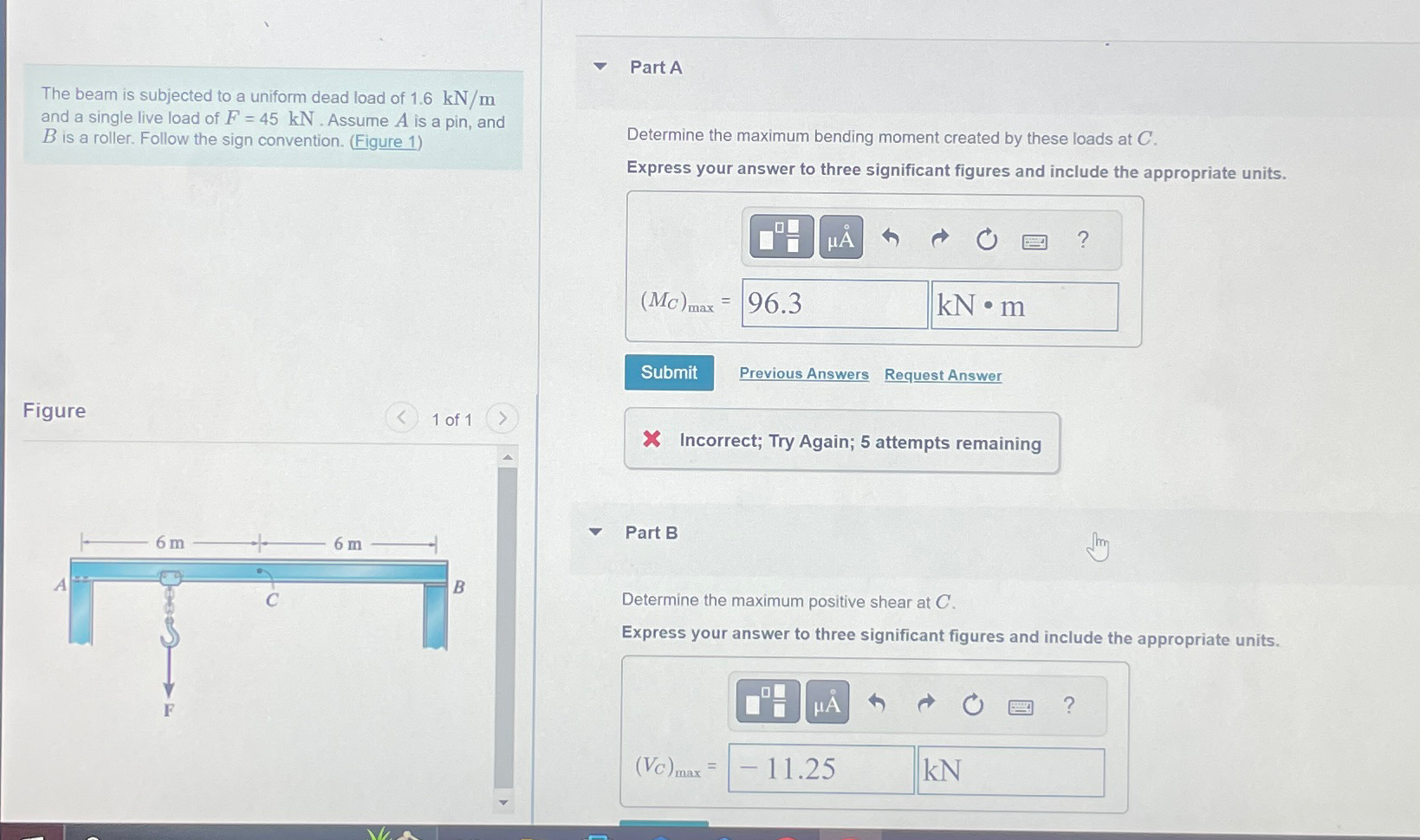 The beam is subjected to a uniform dead load of 1