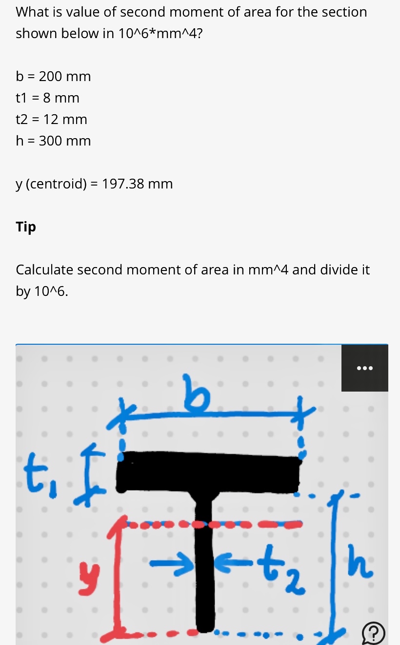 What is value of second moment of area for the