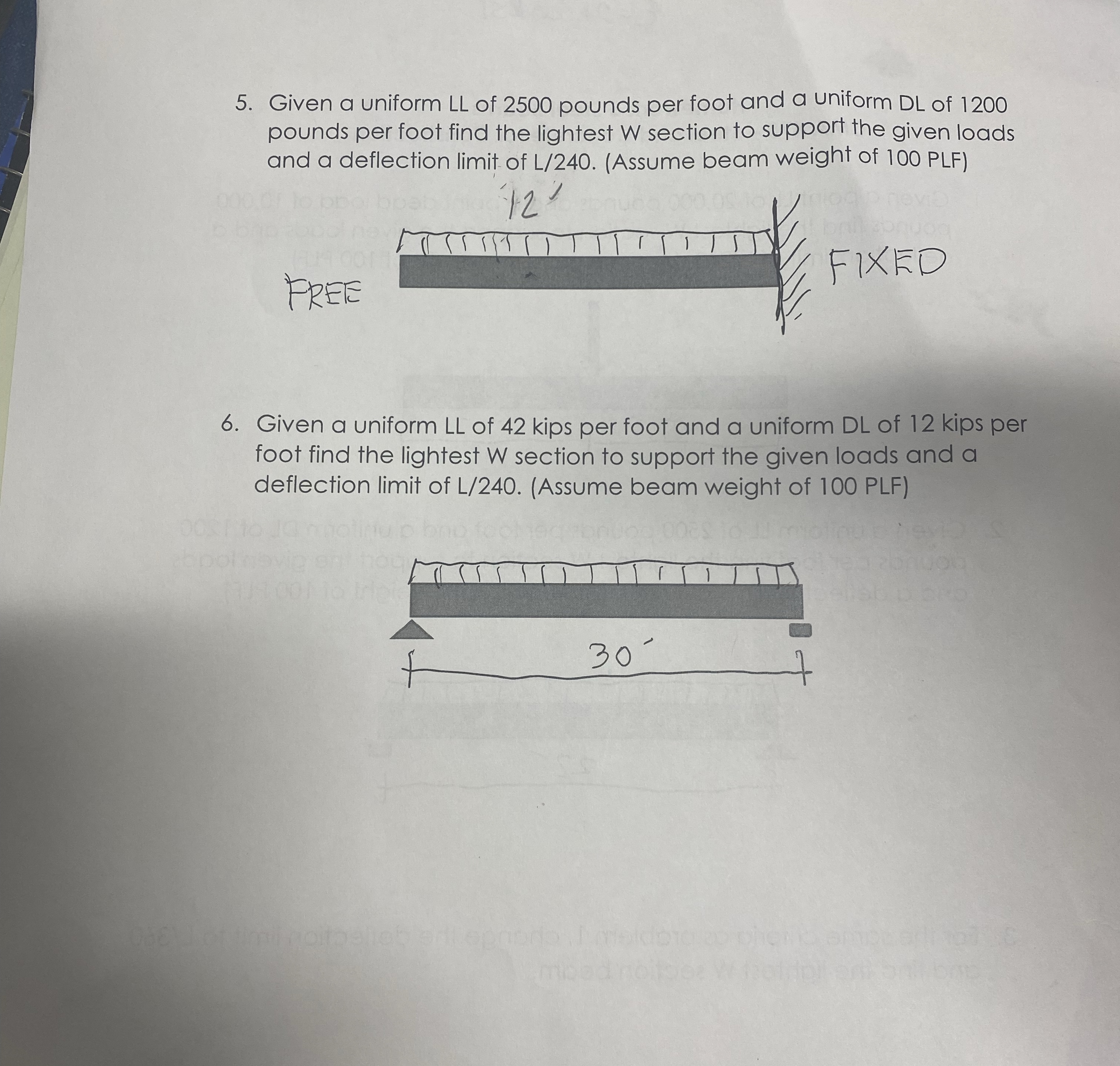 5 . Given a uniform LL of 2 5 0 0 pounds per foot