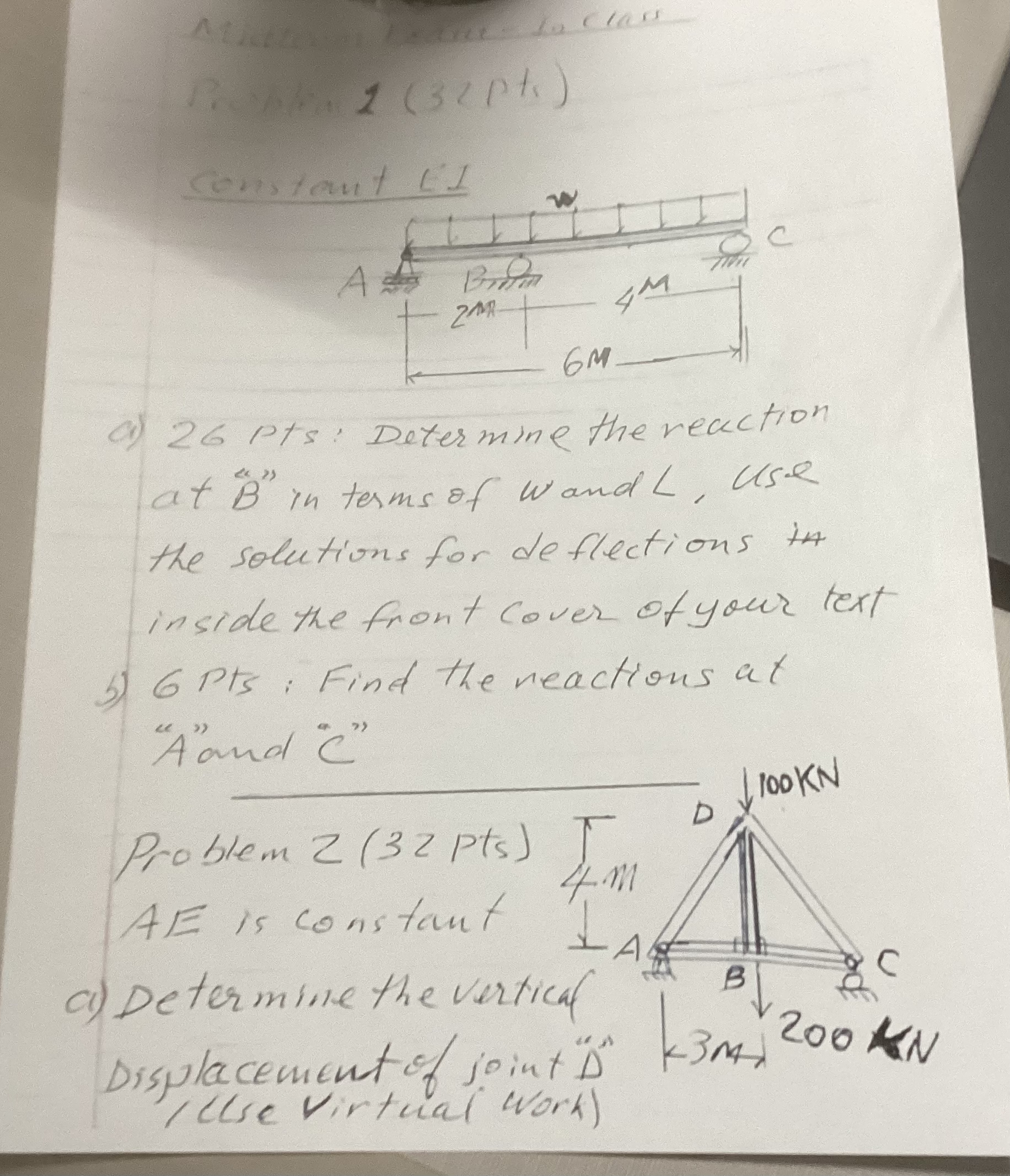 a ) 2 6 pts: Determine the reaction at " B In