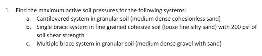 Find the maximum active soil pressures for the