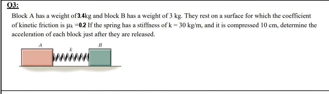 Q 3 : Block A has a weight of 3 . 4 k g and block
