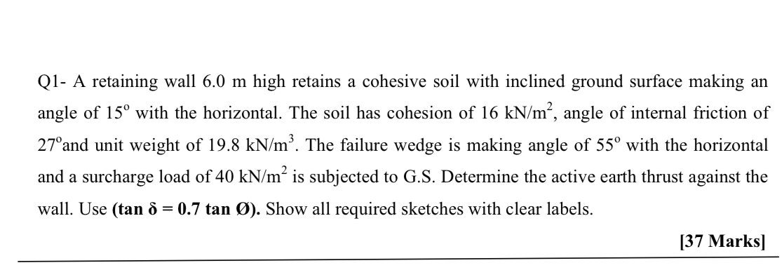 Q 1 - A retaining wall 6 . 0 m high retains a