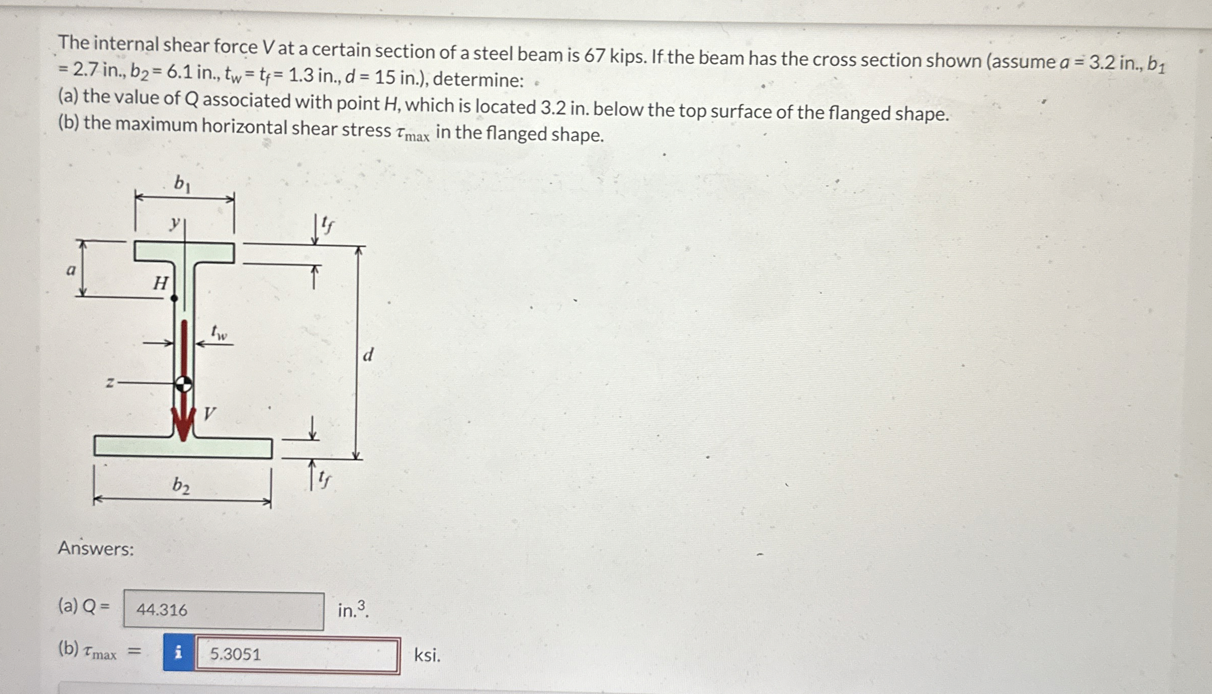The internal shear force V at a certain section