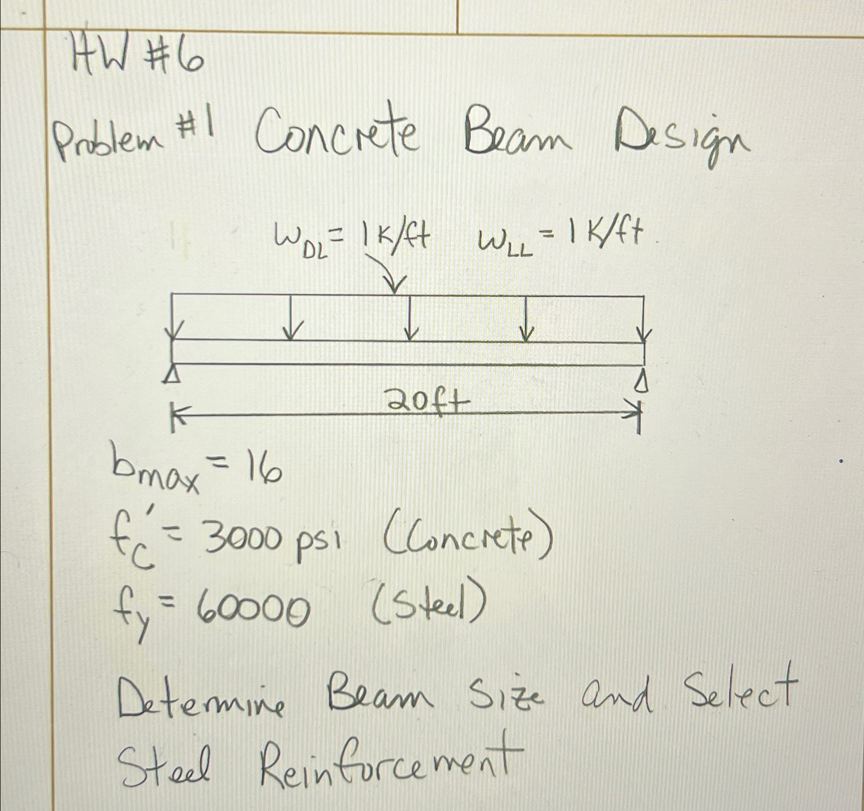 HW # 6 Problem #I Concrete Beam Design L m a x -