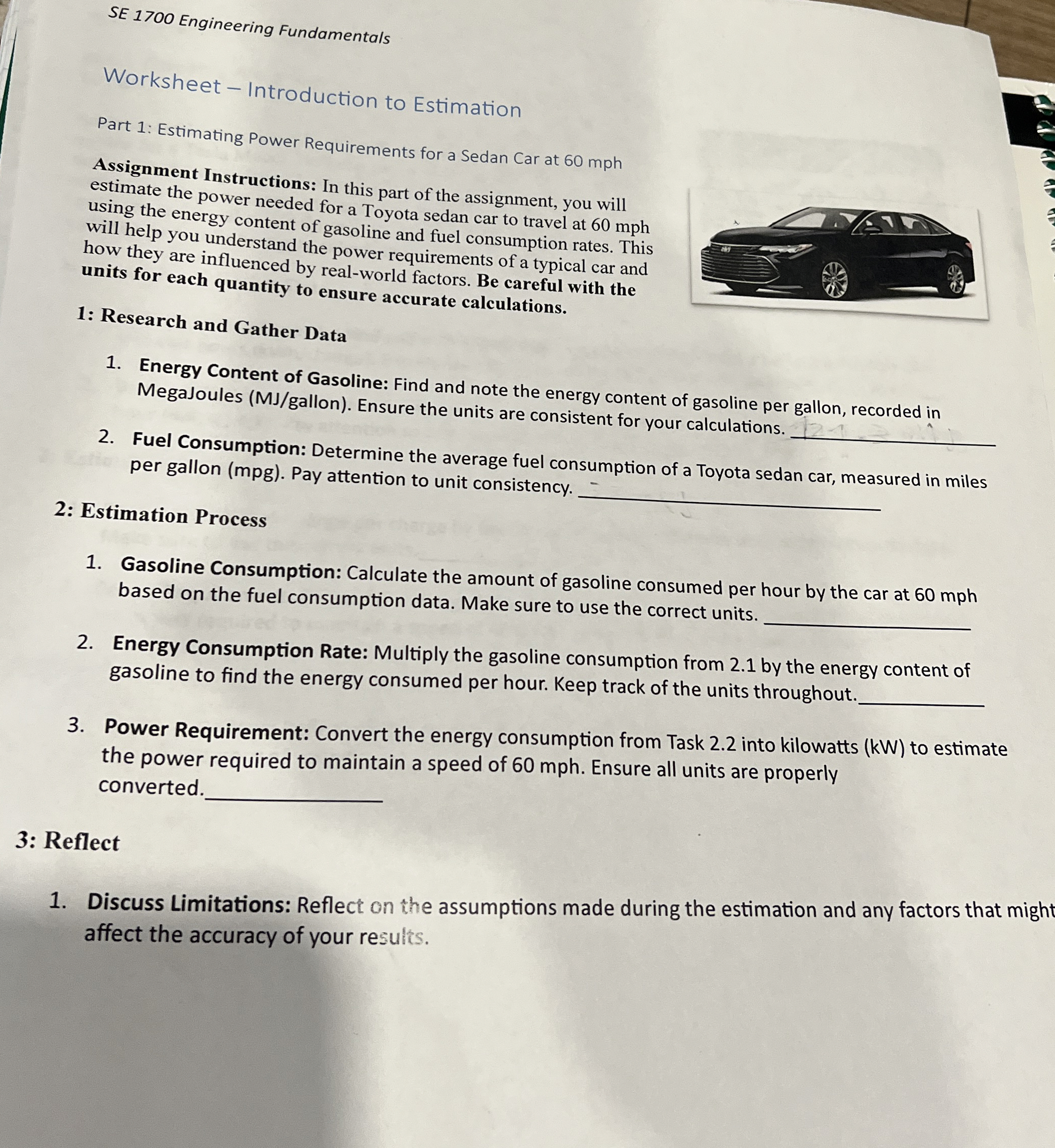SE 1 7 0 0 Engineering Fundamentals Worksheet -
