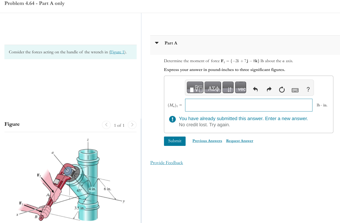 Determine the moment of force F 1 = { 2 i + 7 j 8