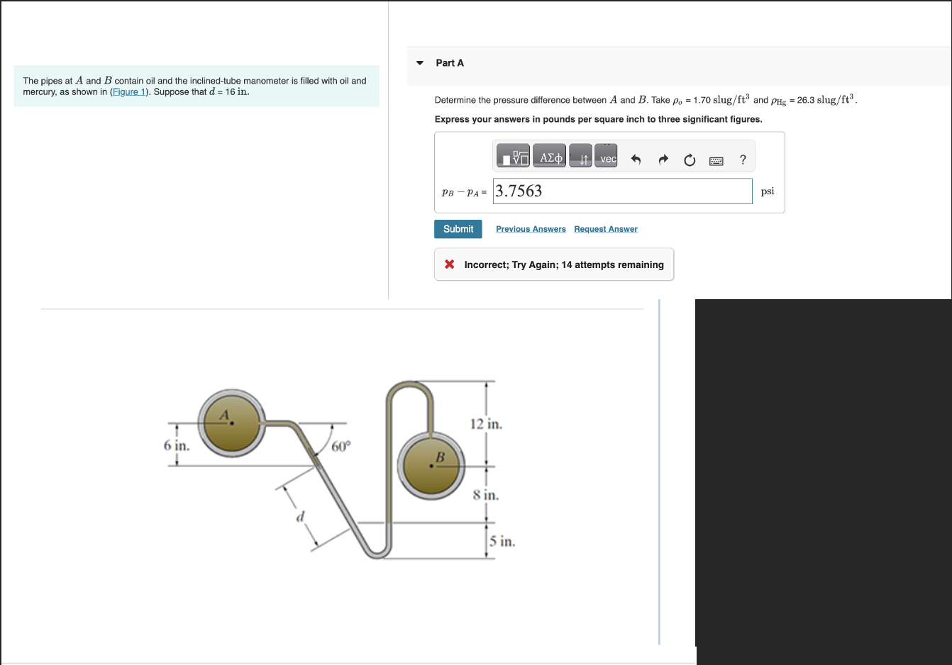The pipes at A and B contain oil and the inclined