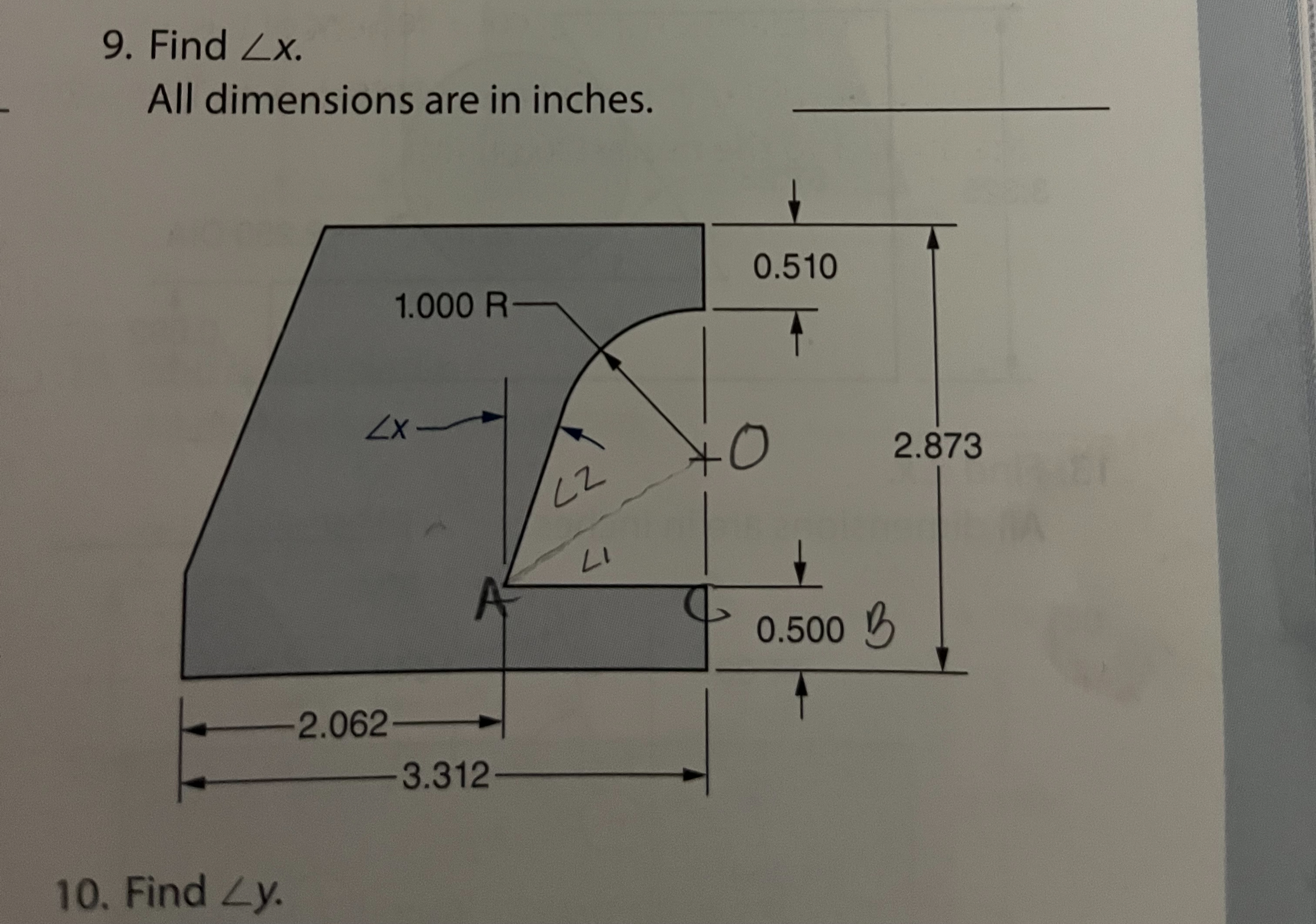 9 . Find angle x All dimensions are in inches.