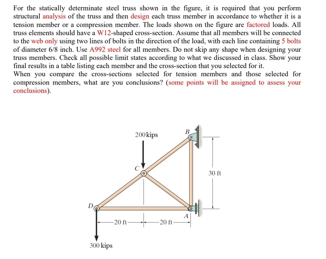 For the statically determinate steel truss shown