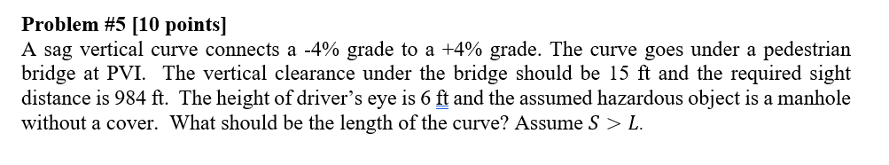 Problem # 5 [ 1 0 points ] A sag vertical curve