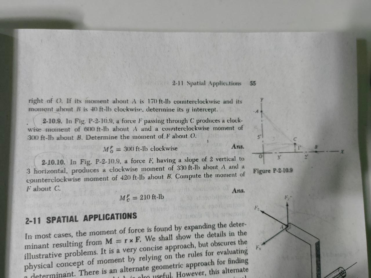 In Fig P - 2 - 1 0 . 9 , A force F passing