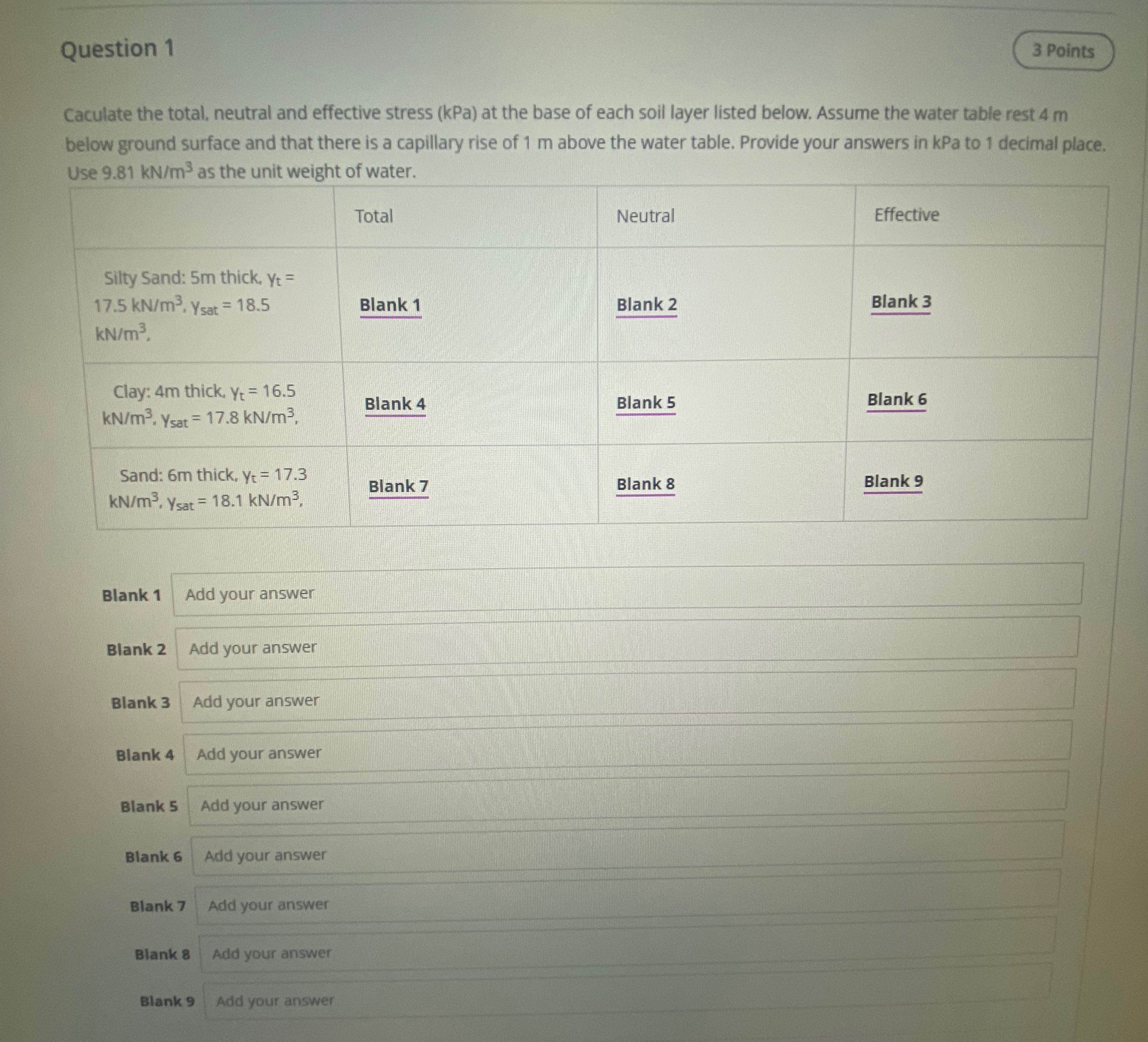 Question 1 Caculate the total, neutral and