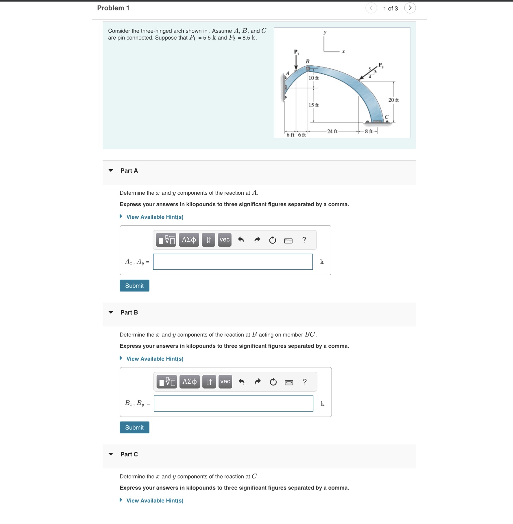 Consider the three - hinged arch shown in .