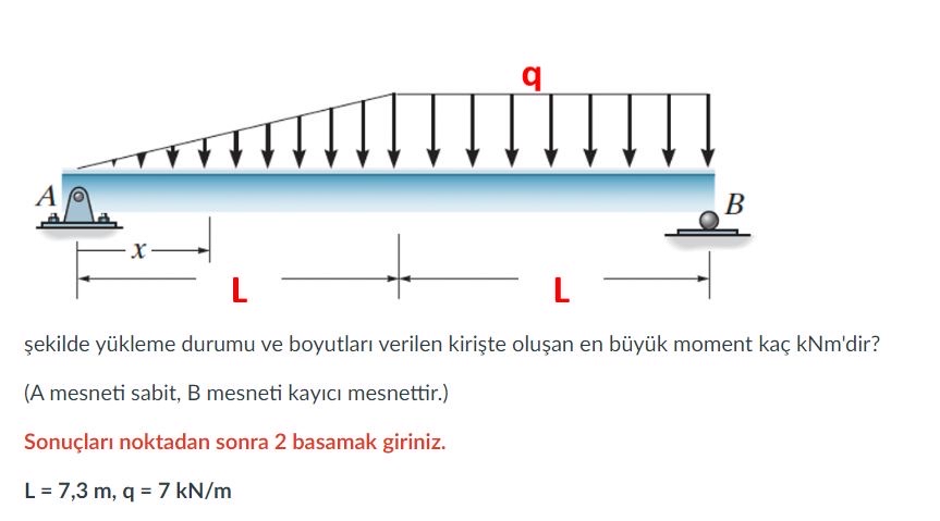 Sekilde yukleme durumu ve boyutlari verilen