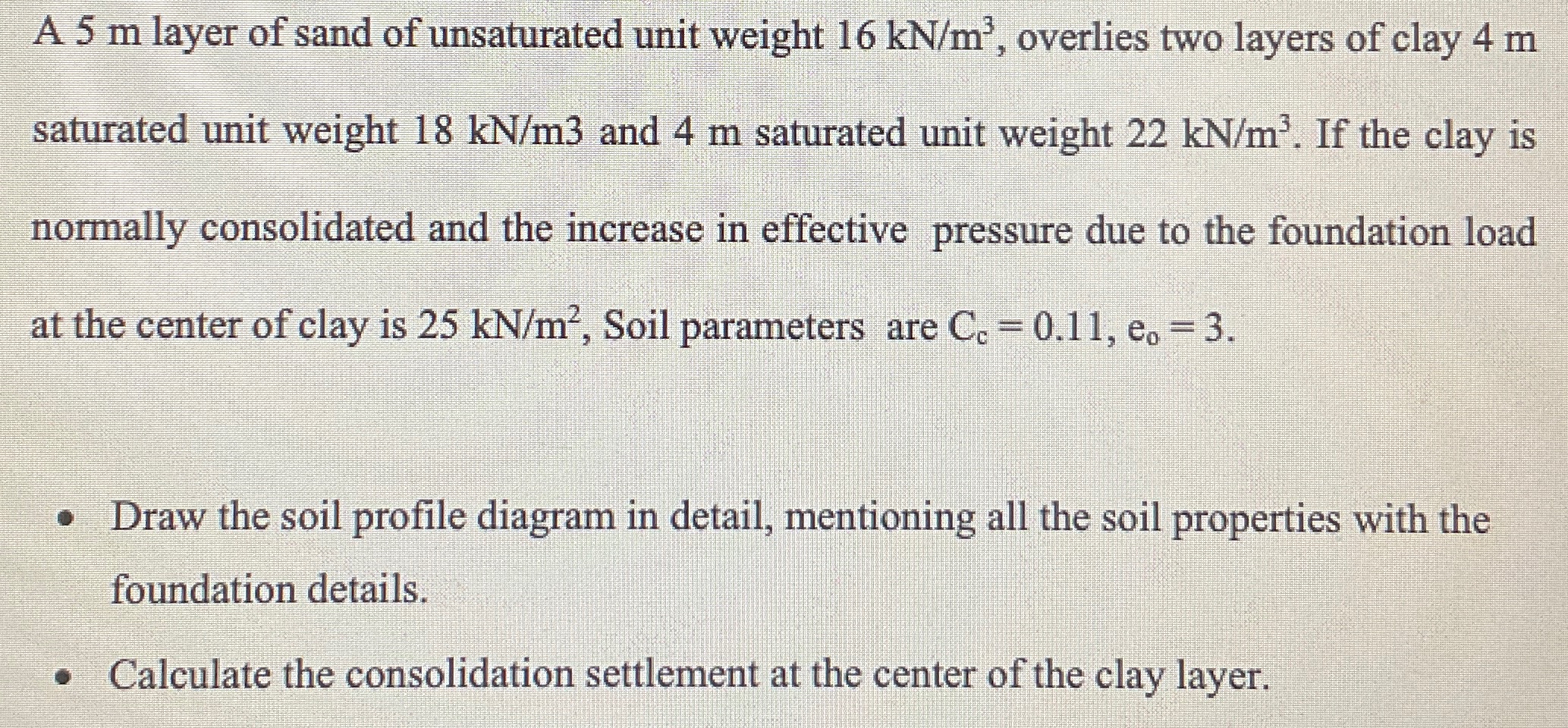 A 5 m layer of sand of unsaturated unit weight 1