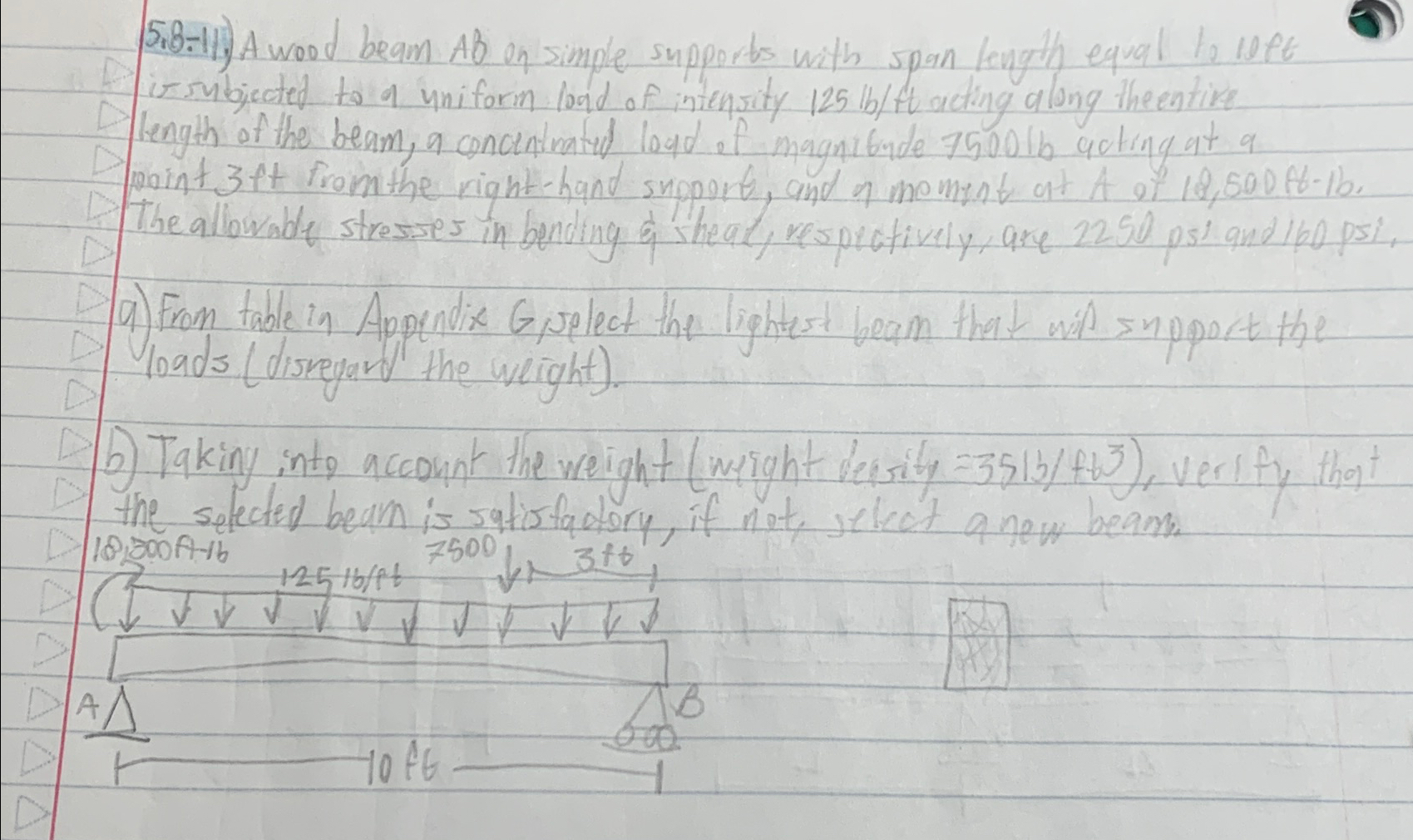 5 . 8 - 1 1 ) . A wood beam A B on simple