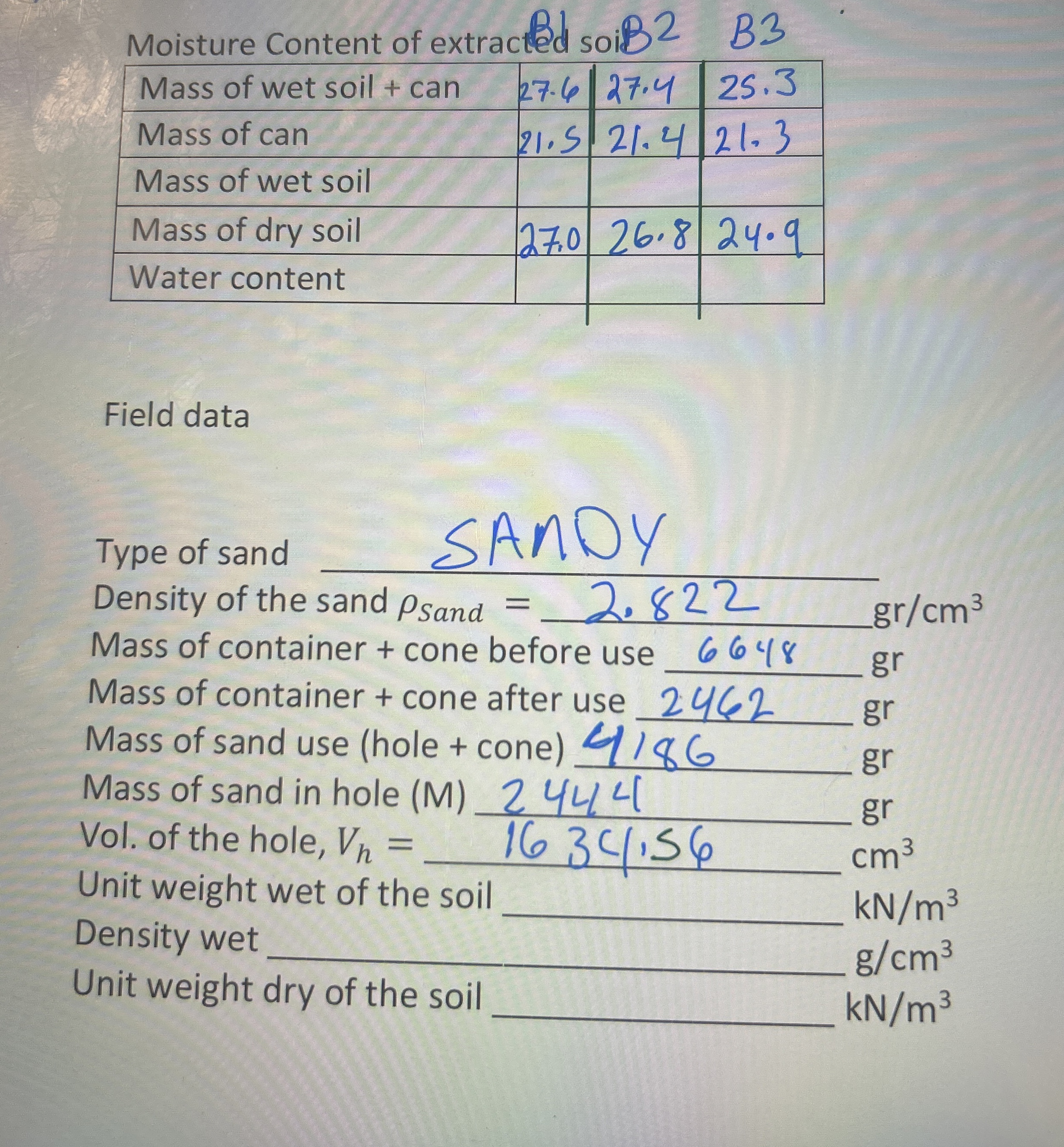 Moisture Content of extracted soib 2 , B 2 3