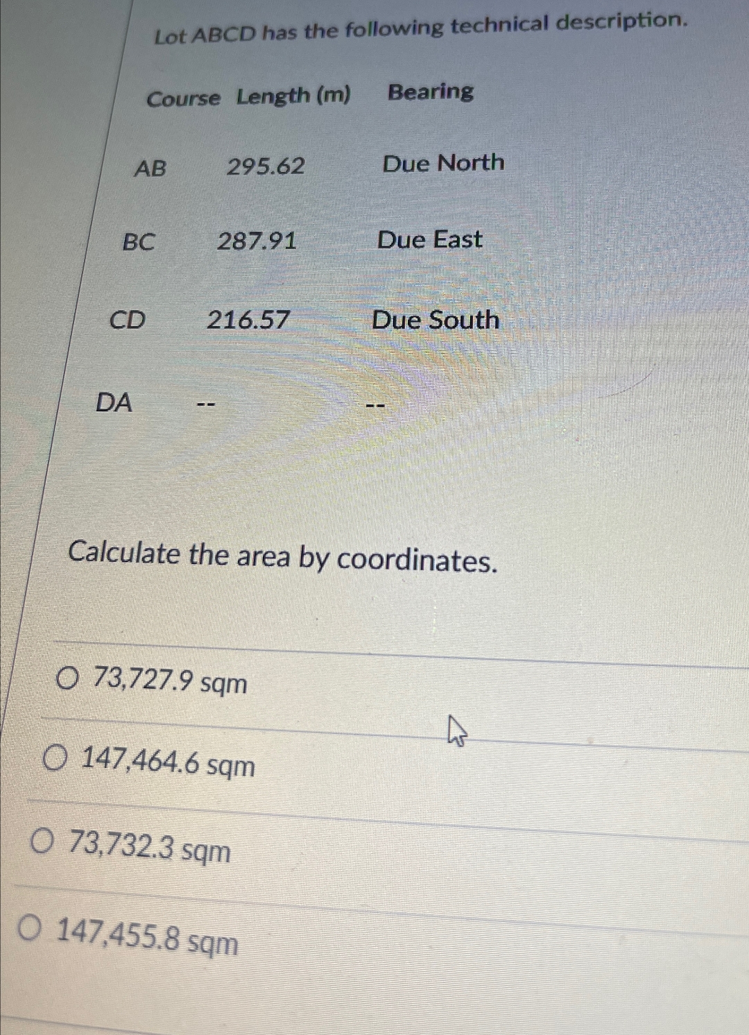 Lot ABCD has the following technical description.