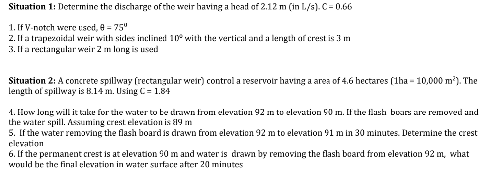 Situation 1 : Determine the discharge of the weir