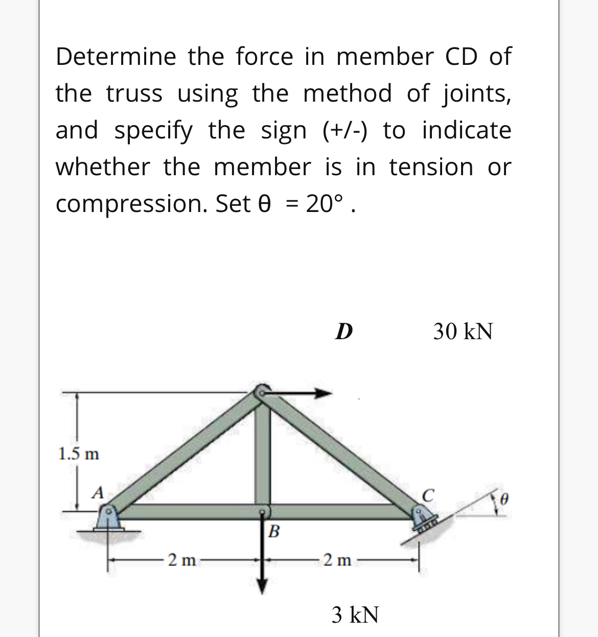 Determine the force in member CD of the truss