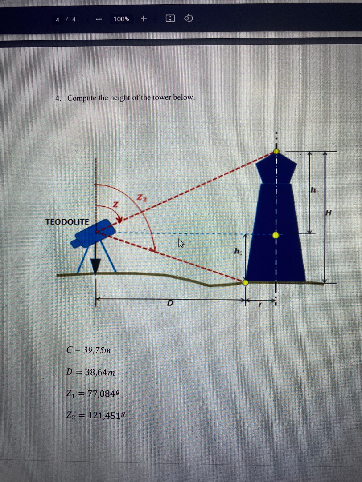 4 4 1 0 0 % 4 . Compute the height of the tower