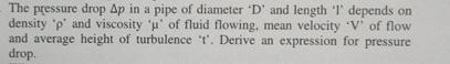 The pressure drop p in a pipe of diameter ' D '