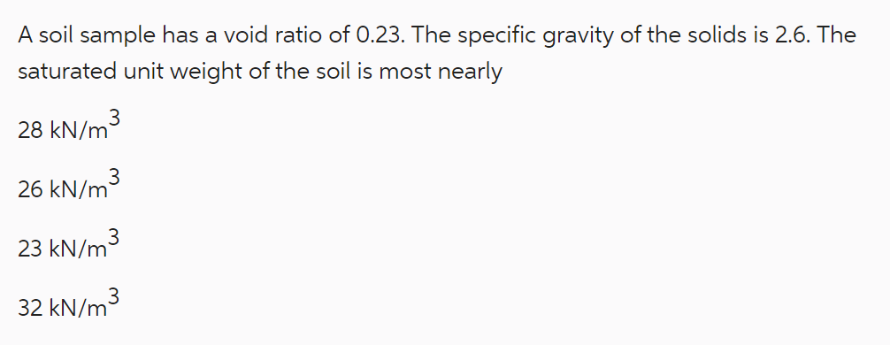 A soil sample has a void ratio of 0 . 2 3 . The