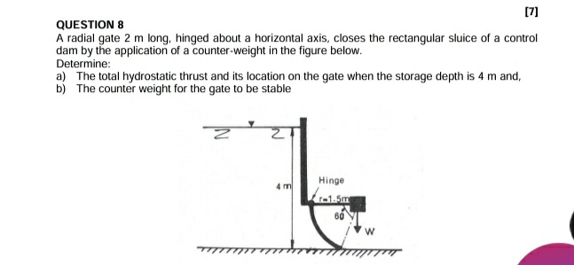 QUESTION 8 [ 7 ] A radial gate 2 m long, hinged