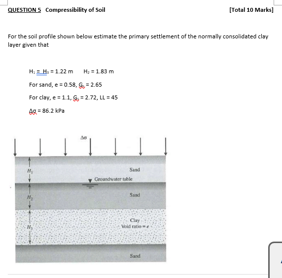 QUESTION 5 Compressibility of Soil [ Total 1 0