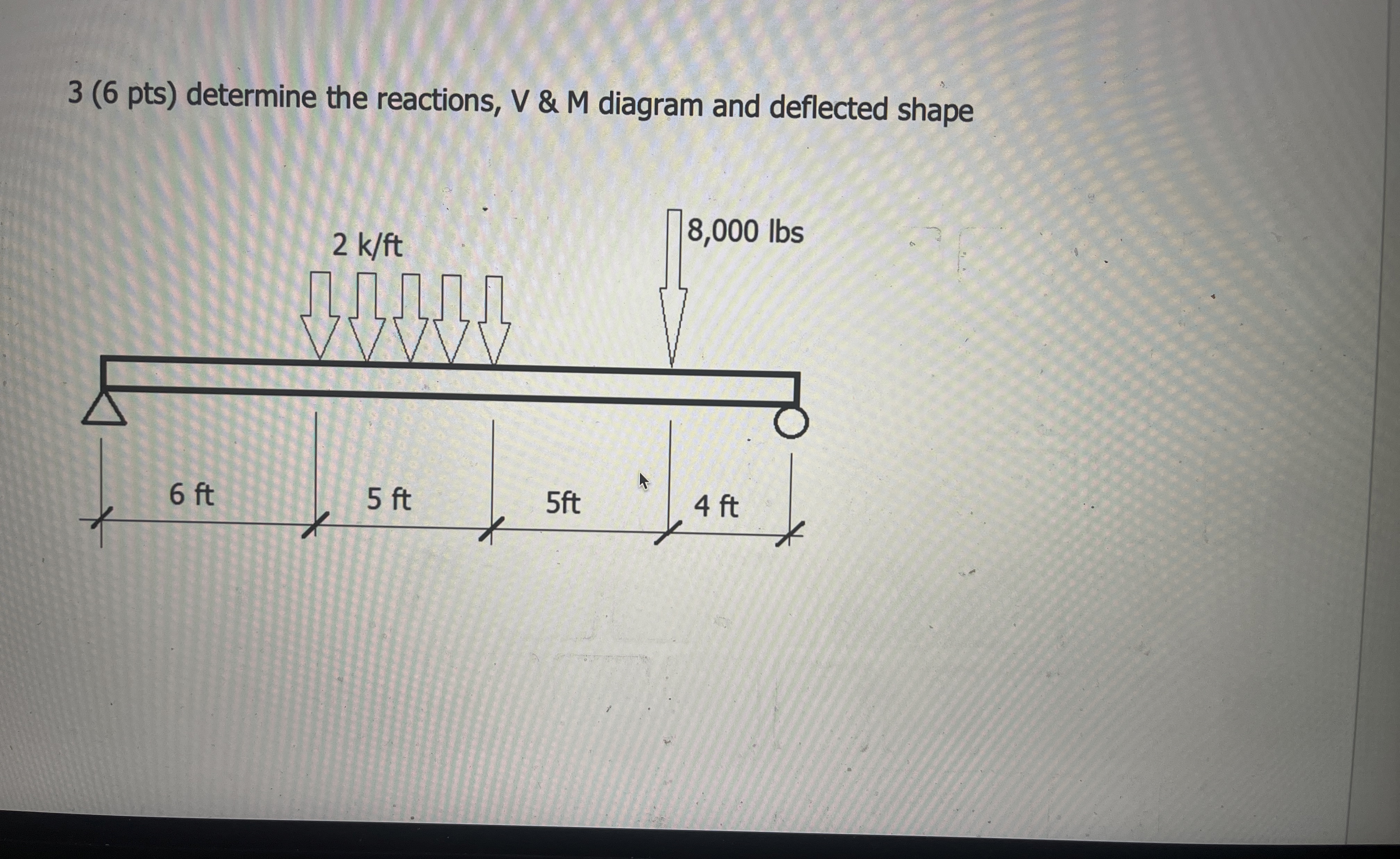 3 ( 6 pts ) determine the reactions, V & M