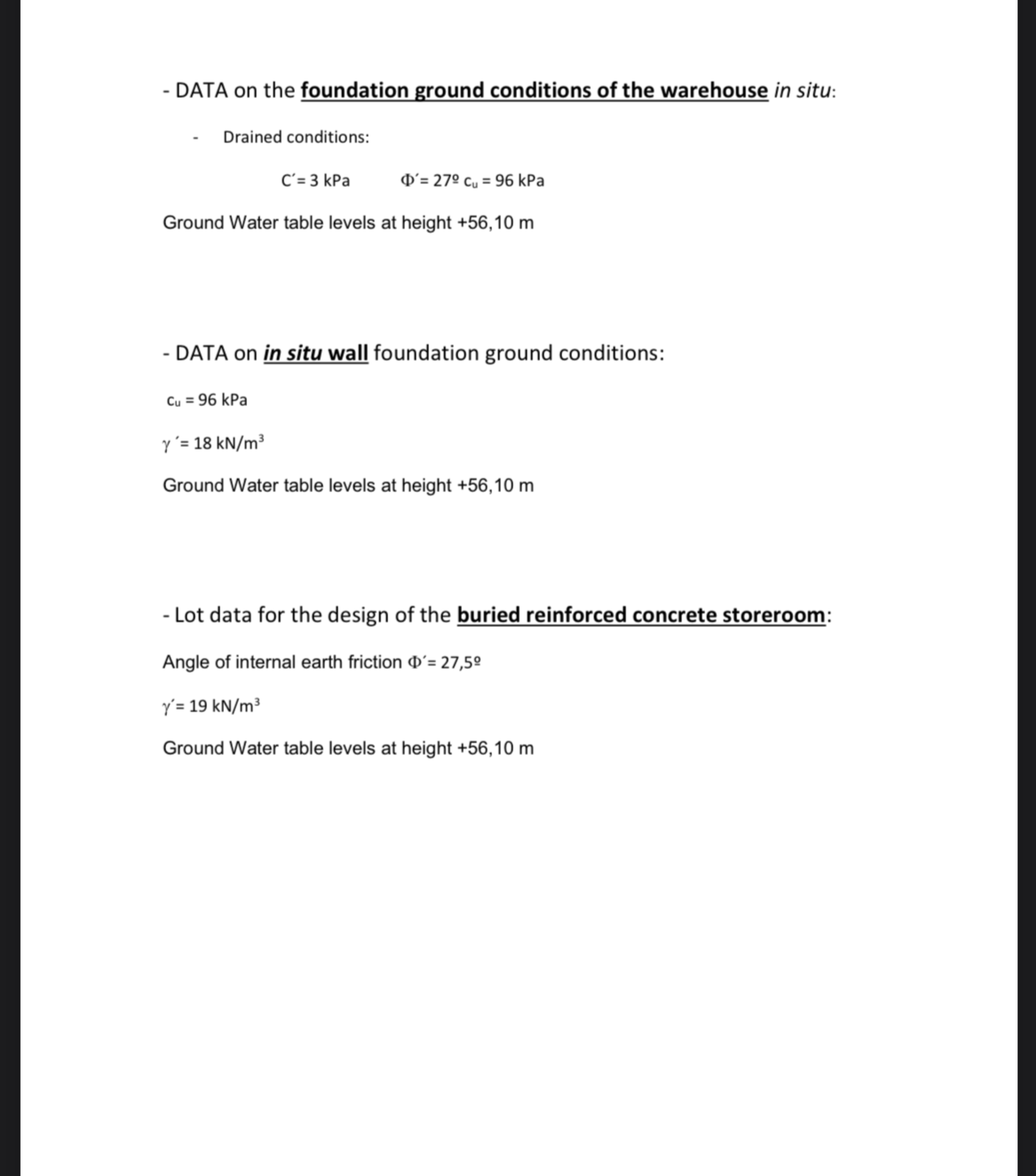 DATA on the foundation ground conditions of the