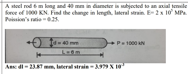 A steel rod 6 m long and 4 0 mm in diameter is