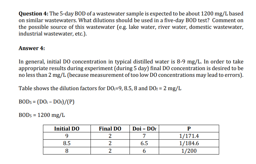 Question 4 : The 5 - day BOD of a wastewater