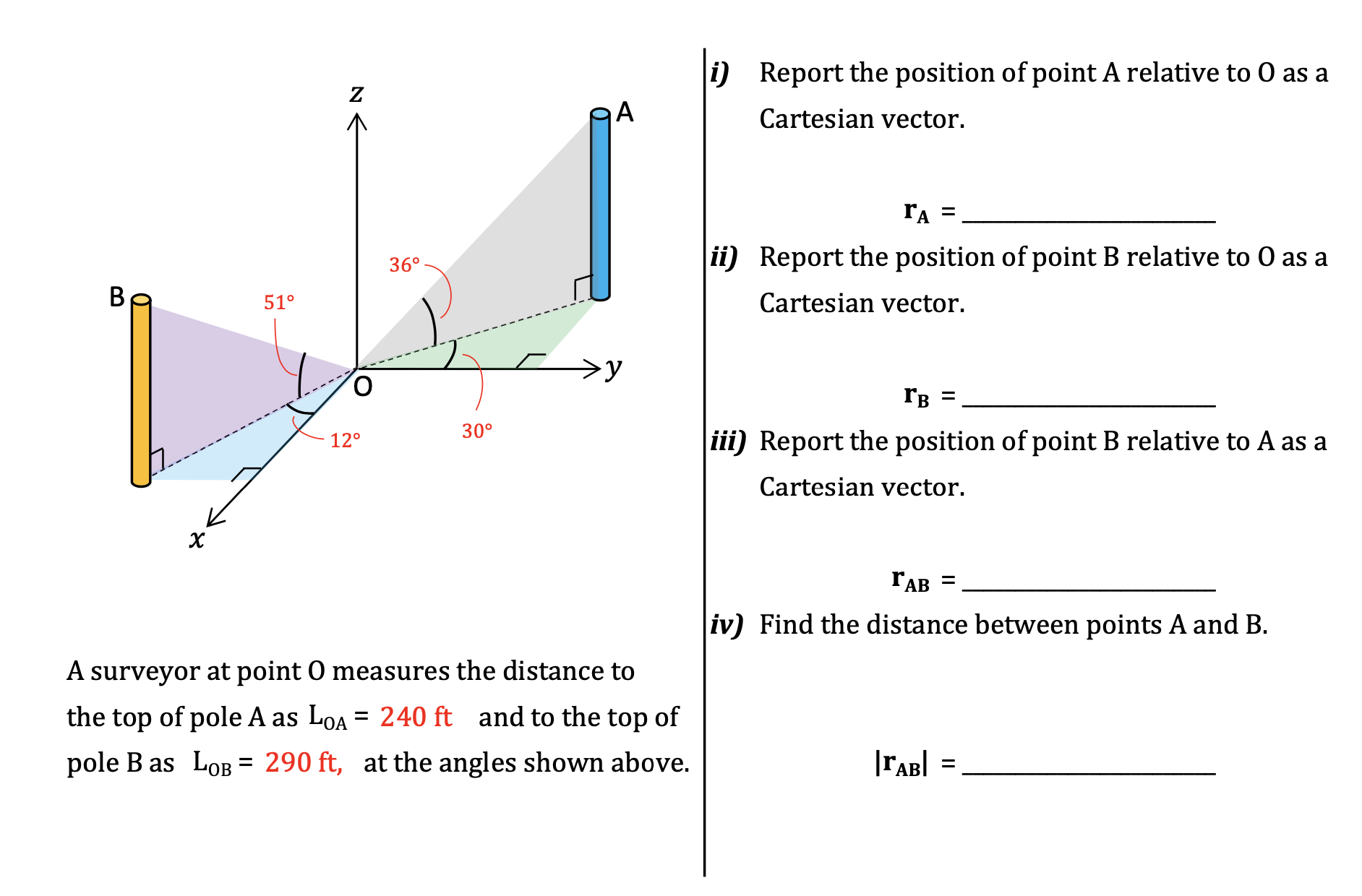 A surveyor at point 0 measures the distance to